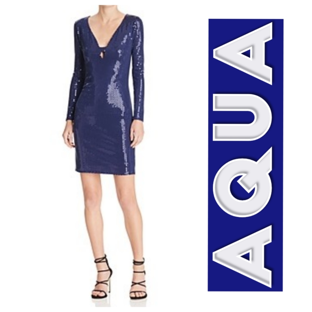 AQUA Deep V Sequin Embellished Dress in Navy